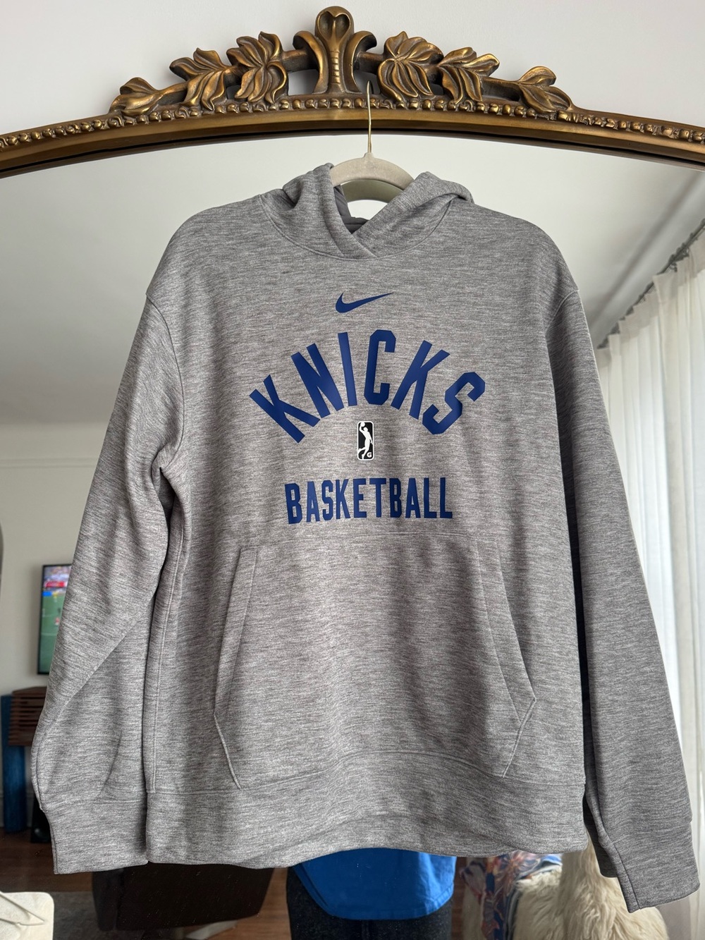 Nike Gray Knicks Basketball Hoodie with Blue Logo